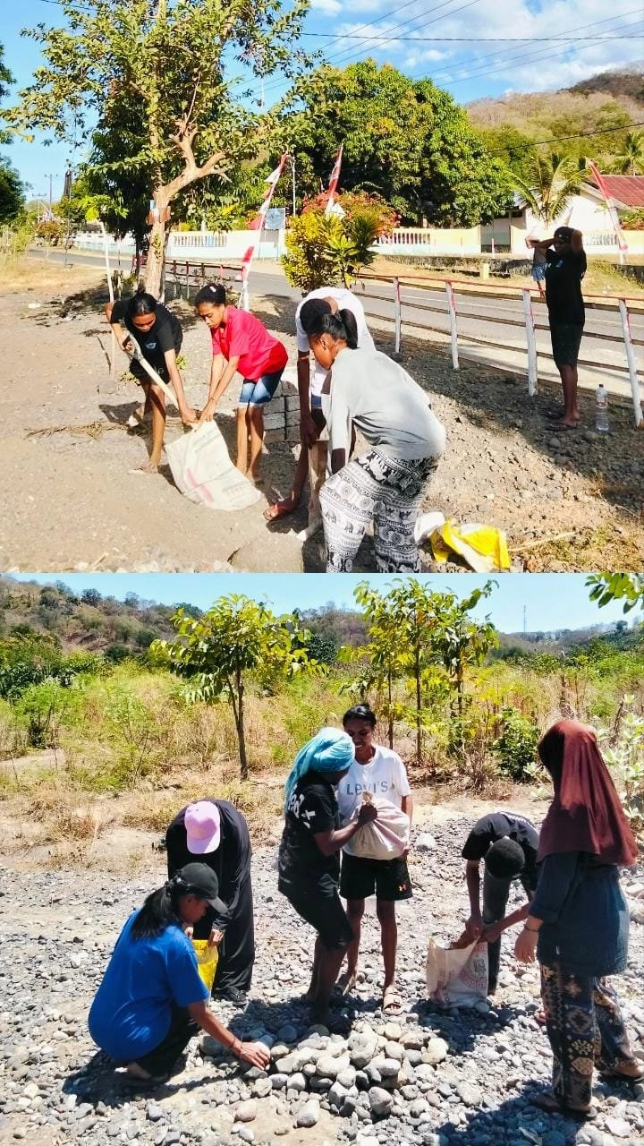 MAHASISWA KBPM UNTRIB KALABAHI LAKUKAN PENGUMPULAN BATU DAN PASIR UNTUK PEMBUATAN BAK SAMPAH
