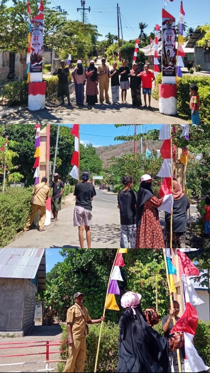 MAHASISWA KBPM UNTRIB KALABAHI LAKUKAN PEMASANGAN UMBUL-UMBUL DI SEKITAR GAPURA MENYAMBUT HUT KE-81 REPUBLIK INDONESIA