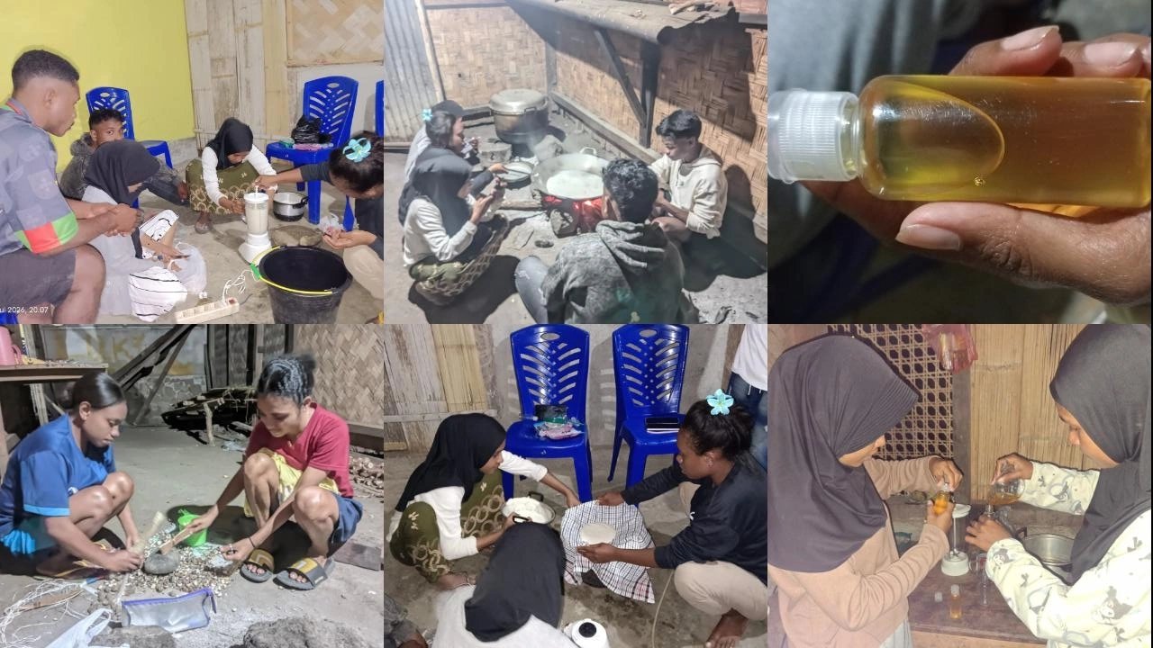 Mahasiswa KBPM Padang Alang Lakukan Uji Coba Pembuatan Minyak Kemiri.