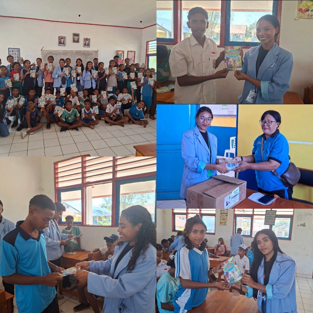 Mahasiswa KBPM Desa Allumang Bagikan Buku Cerita Alkitab sekaligus Berpamitan di UPTD SMP Negeri Wolu. - [Desa Allumang]