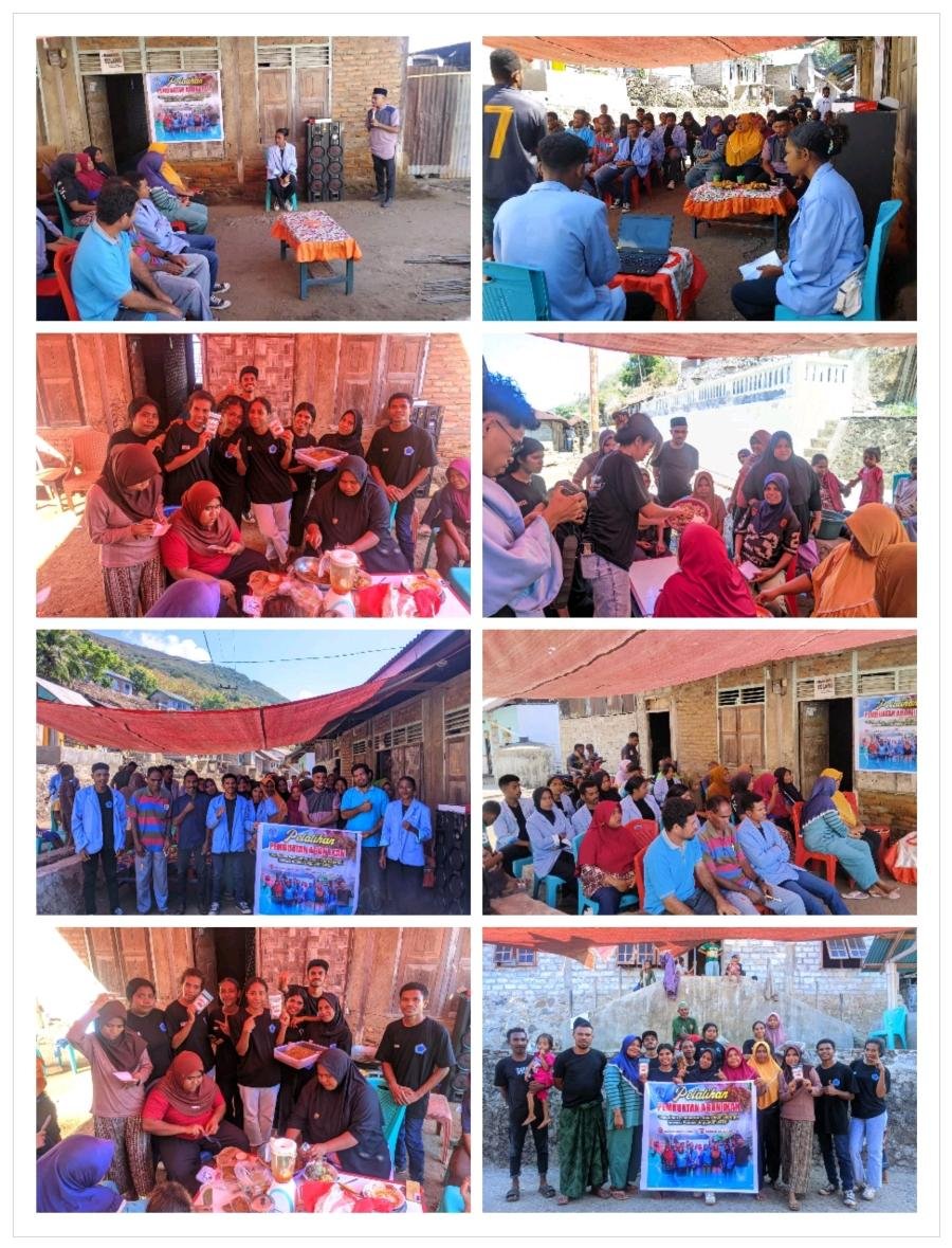 Mahasiswa/i Kbpm desa toang melakukan sosialisasi tentang pengenalan kampus dan jg  pelatihan pembuatan abon ikan