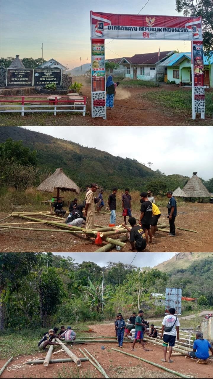 Mahasiswa KBPM Bersama Aparat Desa dan Pemuda Membuat Gapura Kantor Desa Kamaifui