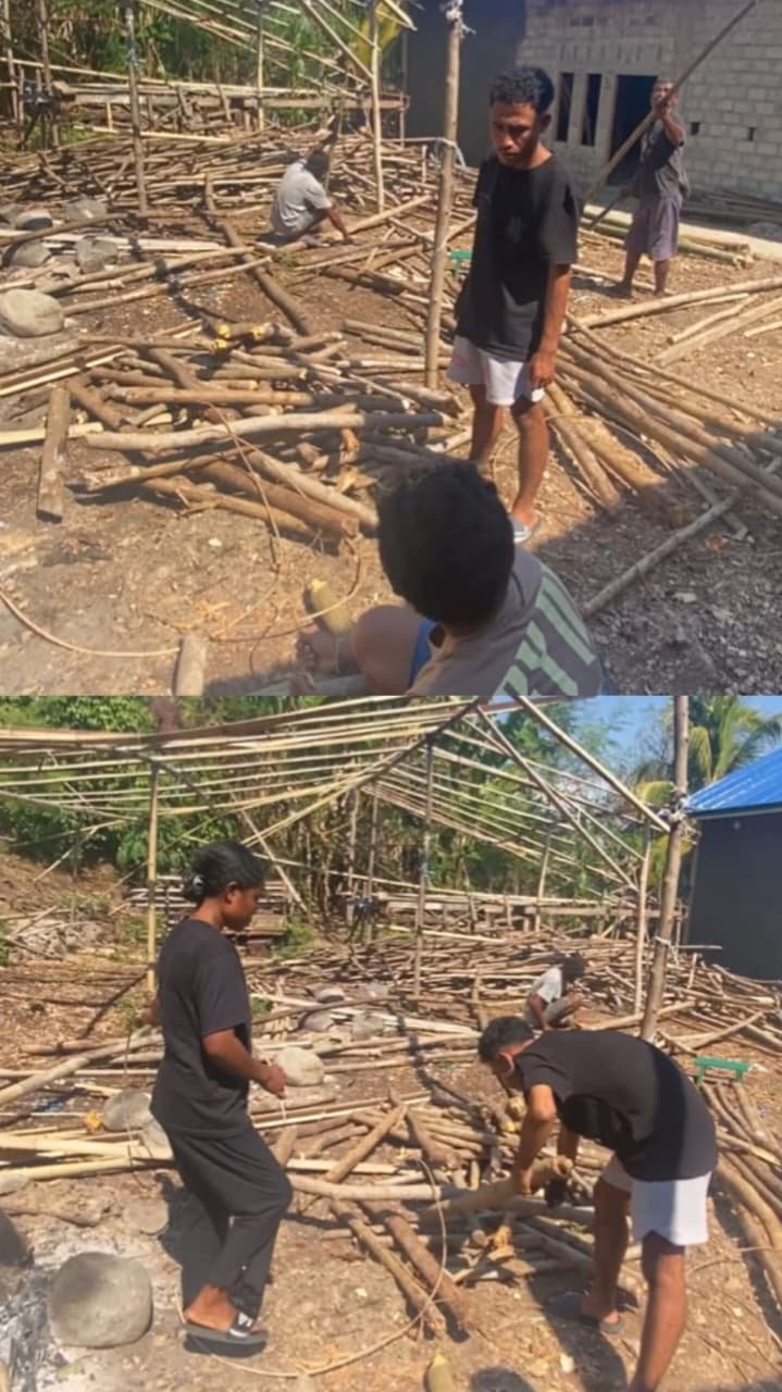 MAHASISWA KBPM UNTRIB DESA MADAR BERSAMA MASYARAKAT MENGUMPULKAN KAYU API DARI SISA BAHAN BANGUNAN DI SAMPING GEREJA